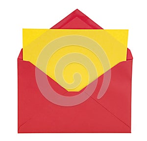 Red envelope with open flap and yellow note card