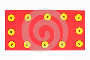 Red Envelope or Red Packet and golden coins with words for lucky, good fortune, and happiness and space for text , Happy Chinese n