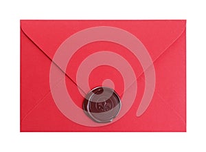 Red envelope with wax seal isolated on white, top view