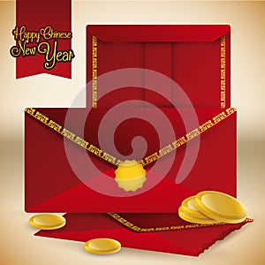 Red Envelopes and Coins for Chinese New Year, Vector Illustration