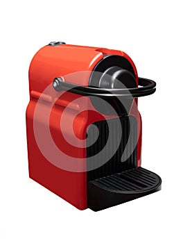 Red espresso coffee machine isolated on white. Self service concept. Quality coffee in sport club, hotel or office