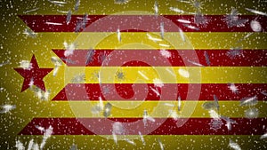 Red estelada flag falling snow loopable, New Year and Christmas background, loop
