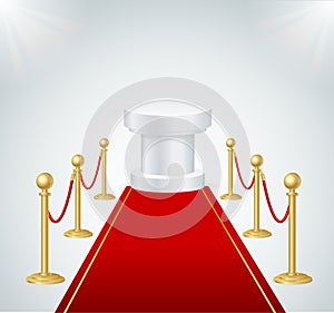 Red Event Carpet, Round Podium and Gold Rope Barrier. Vector