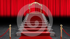 Red Event Carpet, Stair and Gold Rope Barrier Concept of Success and Triumph, 3d rendering