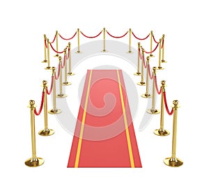 Red event carpet with VIP fence on a white background. 3d illustration