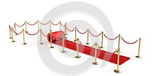 Red event carpet with VIP fence on a white background. 3d illustration