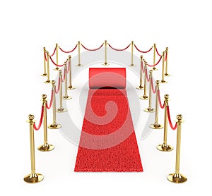 Red event carpet with VIP fence on a white background. 3d illustration