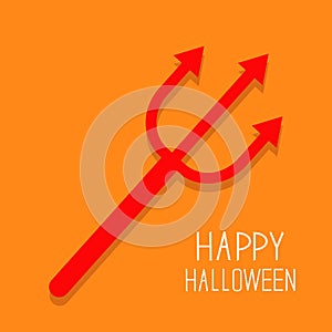 Red evil trident. Happy Halloween card. Flat