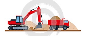 Red excavator digs soil and dump truck.