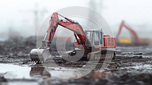 Red Excavator Working On A Muddy Construction Site