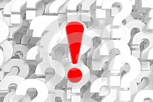 Red Exclamation Mark in Front of A Lot of White Question Marks Background. 3d Rendering