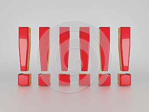 Red exclamation marks isolated on white. 3D render.