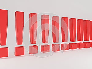 Red exclamation marks isolated on white. 3D render.