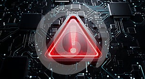 Red Exclamation Point Triangle Glowing on Dark Computer Circuit Board