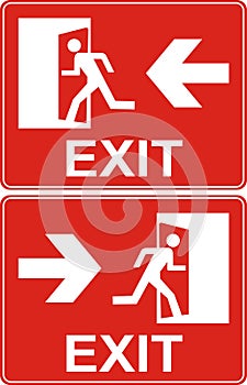 Red exit sign. Emergency fire exit door and exit door. Label wit