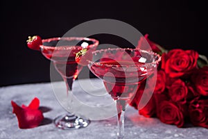 Red exotic alcoholic cocktail in clear glasses