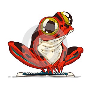 Red Exotic Frog, isolated vector illustration. Cute tropic froglet. Calm sitting poisonous frog wearing sneakers