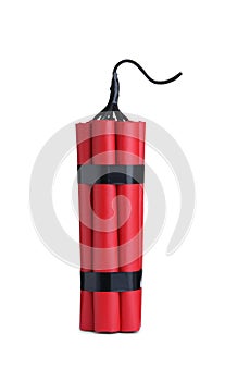 Red explosive dynamite bomb on white background