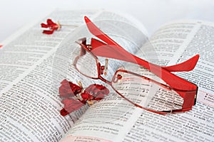 Red eye glasses on dictionary page
