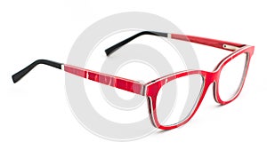 Red eye glasses on white background