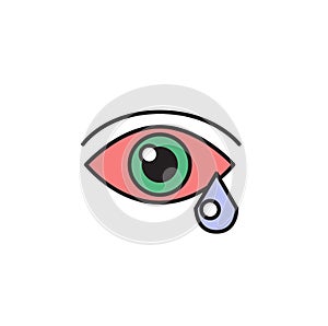 Red eye and teardrop. Allergy, sickness. Cartoon design icon. Flat vector illustration. Isolated on white background.