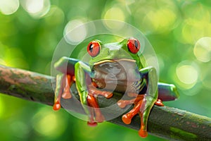 Red-Eyed Amazon Tree Frog Perched on Branch in Its Natural Habitat
