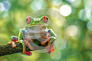 Red-Eyed Amazon Tree Frog Perched on Branch in Its Natural Habitat