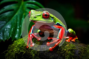 Red eyed frog sitting on rock in the jungle. Generative AI