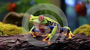 Red-eyed frog sitting on a tree log. AI Generative