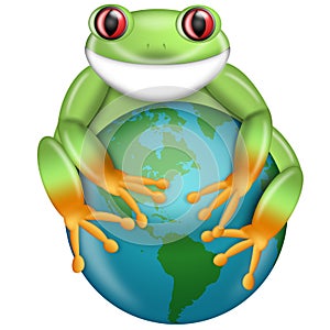 Red-Eyed Green Tree Frog Hugging Planet Earth