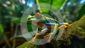 Red-eyed Tree Frog, Agalychnis callidryas, sitting on the green leave in tropical forest. Generative Ai