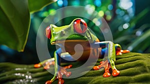Red-eyed Tree Frog, Agalychnis callidryas, sitting on the green leave in tropical forest. Generative Ai