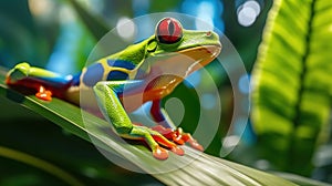 Red-eyed Tree Frog, Agalychnis callidryas, sitting on the green leave in tropical forest. Generative Ai