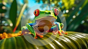 Red-eyed Tree Frog, Agalychnis callidryas, sitting on the green leave in tropical forest. Generative Ai