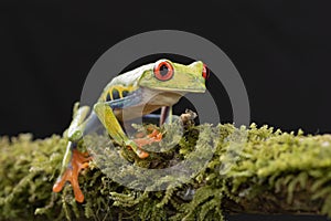 A Red-eyed tree frog, Agalychnis callidryas sitting on a mossy branch, Costa Rica