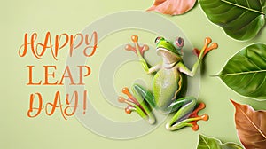 Red-eyed tree frog with green leaves and \'Happy Leap Day!\' text on light green background