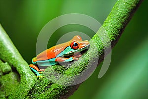 Red eyed tree frog with orange back on green leaf
