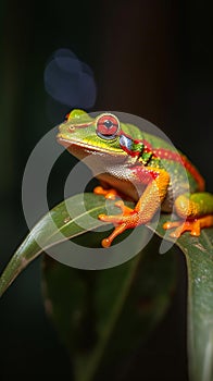 Red-Eyed Tree Frog Perched on Green Leaf at Sunset