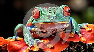 . Red-eyed tree frog perched on vibrant flower. Generative ai