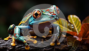 Red eyed tree frog sitting on a green leaf generated by AI