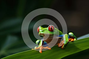 Red-eyed tree frog sitting on green leaves. Generative AI