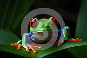 Red-eyed tree frog sitting on green leaves. Generative AI