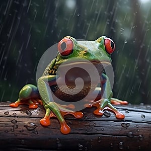 Red-eyed tree frog sitting under the rain on a tree