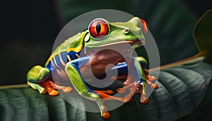 Red eyed tree frog sitting on wet leaf in tropical rainforest generated by AI