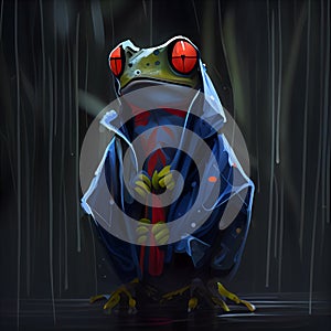 Red-eyed tree frog wearing blue raincoat. AI generative