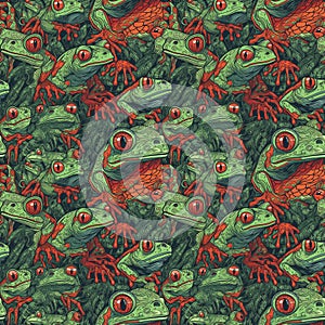 Red-eyed tree frogs in rain forest. AI generative illustration