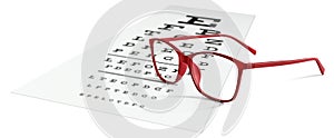 Red eyeglasses on visual test chart isolated on white. Eyesight