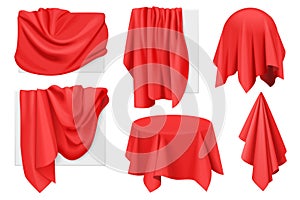 Red fabric covers on objects with drapery set, 3D drape in cloth on sphere, table, frames