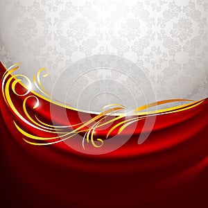 Red fabric curtain on gray background