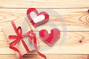 Red fabric hearts with gift box